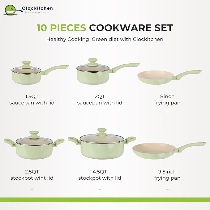 Clockitchen Ceramic Nonstick Cookware Set 10-piece Non-Toxic Cooking Pots and Pans Set Induction Stovetops Compatibility Green Kitchenware for Healthy Cooking