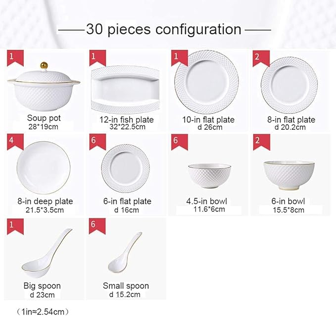 Dinnerware Set Plates and Bowls Sets Bowl/Dish/Soup Pot/Spoon|Bone China Dinner SetsWhite Embossed Gold Rim Pattern Porcelain Combination Set