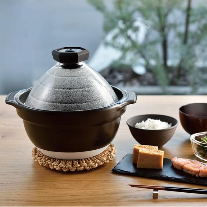 HARIO GNR-200-B-W Rice Pot with Glass Lid 2-3 Cups Visible Inside Heat-resistant Glass Ceramic Made in Japan