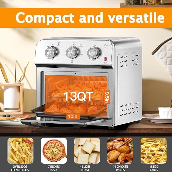 Air Fryer Toaster Oven Combo 13QT 11-in-1 Multifunctional Convection Countertop Oven with Rotisserie Bake Roast Toast Dehydrate Healthy Oil-Free Cooking Stainless Steel