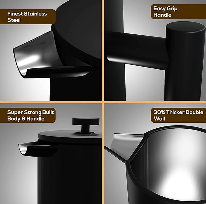 French Press Coffee MakerStainless Steel Double Wall Insulated Coffee Press 34 oz4-8 Cups Portable Hot Cold Brew Teapot Cafetera for Coffee Bar Accessories Kitchen Camping (Black34oz)