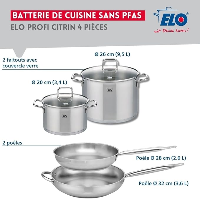 ELO 9509150 Cookware Set 4 Pieces 2 Frying Pans 28 and 32 cm and 2 Saucepans 20 and 26 cm Elo Profi Citrine Stainless Steel Induction