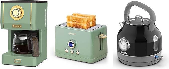 Amaste Green Coffee Maker &amp Green Toaster &amp Black Retro Electric Kettle Set