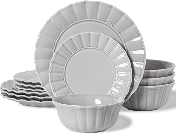 HOMBENE Dinnerware set 12 Piece plates and bowls sets for 4 Ceramic Modern dish set for party Porcelain dish set House gift Microwavable safe Light Grey