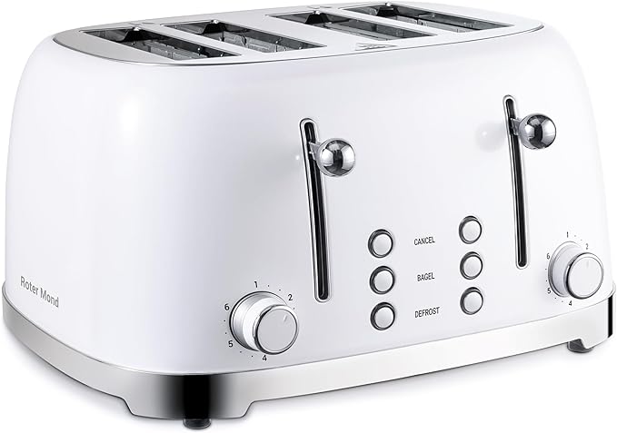 Roter Mond 4 Slice Toaster Retro Stainless Steel with Bagel Defrost Cancel Function 6 Browning Settings Extre Wide Slot and Removable Crumb Tray White ST033