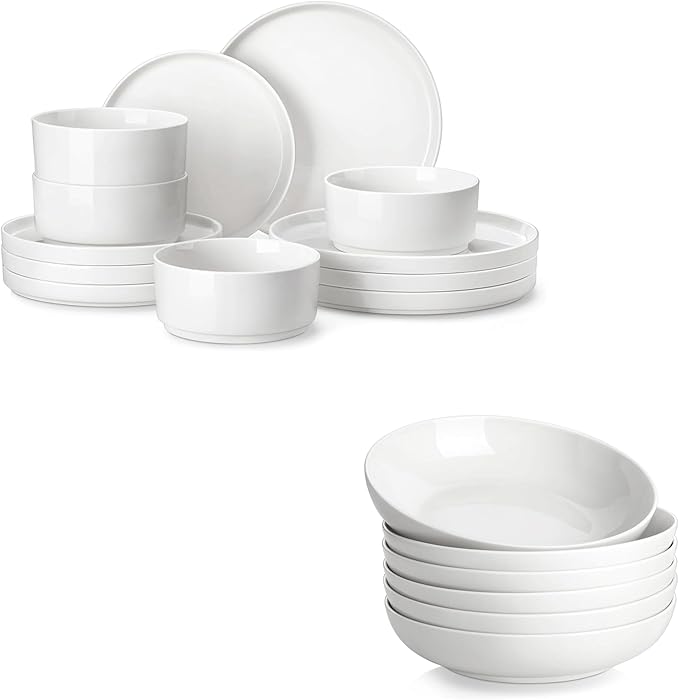 MALACASA 12 Pieces Porcelain Dinnerware Set Bundles 8.85 Large Pasta Bowls Set of 6