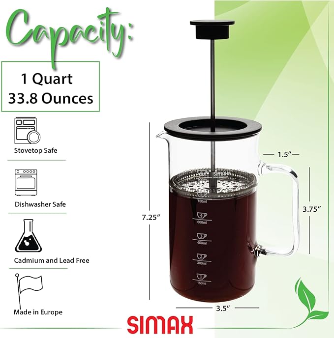 SIMAX French Press Coffee Maker 1 Liter Coffee Press Dishwasher Safe Glass Coffee Maker with Filter Hot and Cold Safe Borosilicate Glass Easy To Clean