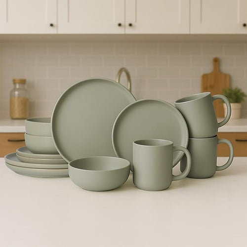 12-Piece Matte Green Dinnerware SetStoneware Dinnerware for 3 Microwave &amp Dishwasher Safe Stackable Design for Kitchen and Dining - PlatesBowls and Mugs