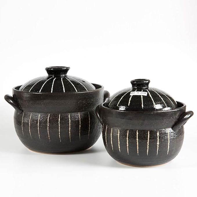 Clay Rice CookerJapanese Stone Rice Pot with Double LidEarthenware Rice PotStockpotHeat Resistant Ceramic CasseroleRound Stove Stew Pot Black 21x17.5cm (Black 21x17.5cm(8x7inch))