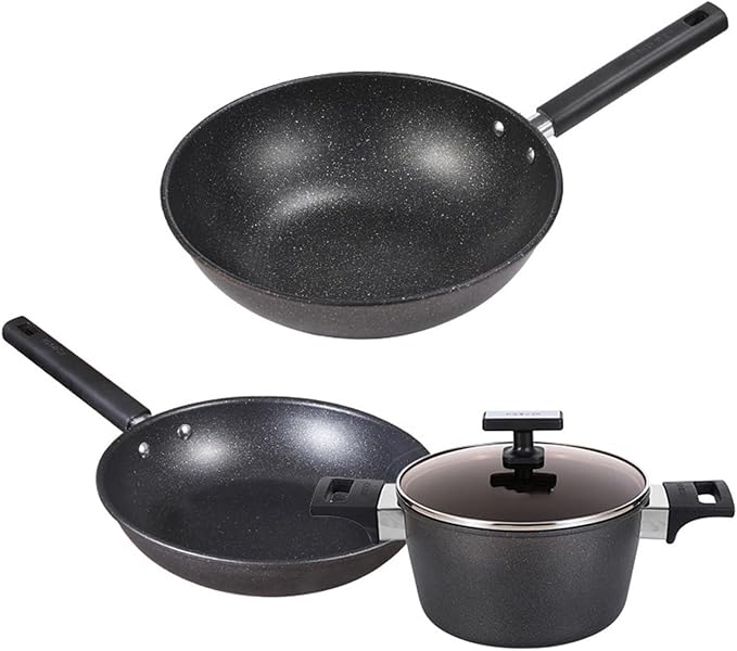 3-Piece Non-Stick Cookware Set with 30cm Wok 26cm Frying Pan &amp 20cm Stockpot for Gas &amp Induction Cookers