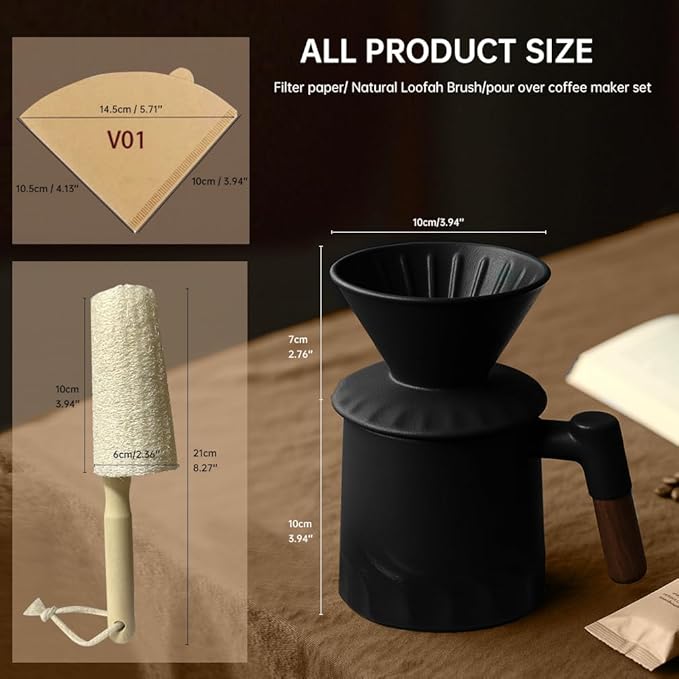 Pour Over Coffee Maker Set Ceramic Pour Over Coffee Dripper 15.5oz/450 ml with 25 Pcs V60 Paper Filter Coffee Pour Over Set for Camping Black