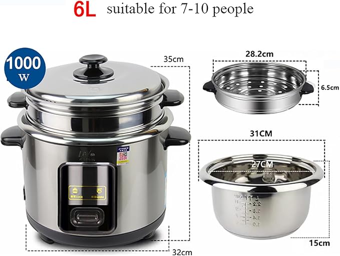 Rice Cooker (2-6L) 304 Stainless Steel Inner Pot Intelligent Insulation Make Rice &amp Steam Food &amp Vegetables 220-240V US/EU Power(6L)