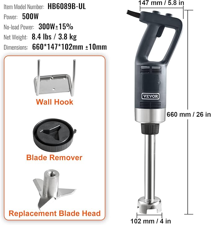 VEVOR 500W 12 Inch Heavy Duty Hand Mixer Variable Speed Stick Mixer with 304 Stainless Steel Blade Multi-Purpose Portable Mixer for Soup Smoothie Puree Baby Food