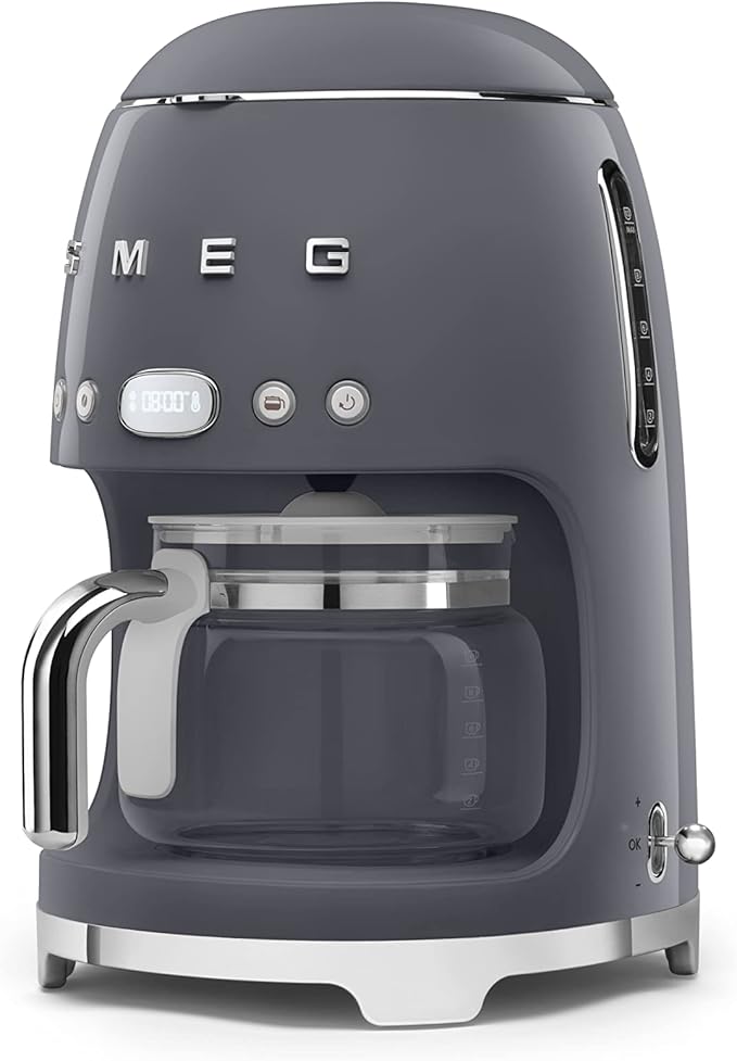 Smeg DCF02GRUK Drip Coffee Machine Auto-Start Mode Reuseable Filter Digital Display Anti-Drip System Aroma Intensity Option 1.4 Litre Tank Slate Grey