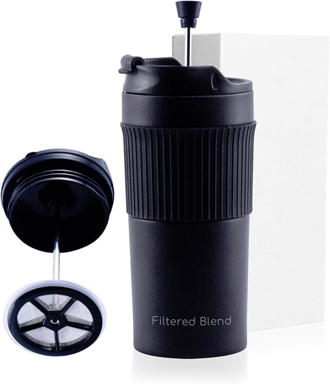 15oz Double Wall Stainless Steel Insulated French Press Coffee and Tea Maker - Portable Camping Mug and Tumbler - Heat Retaining Leak-Proof Travel-Friendly for Office and Outdoor Adventures (Black)