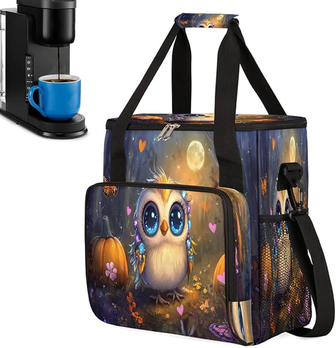Cartoon Owl Pumpkin Butterfly Coffee Maker Carring Bag Travel Carrying Storage Tote Bag Compatible with Keurig K-Mini or K-Mini Plus Portable Single Serve Coffee Brewer Case with Pockets