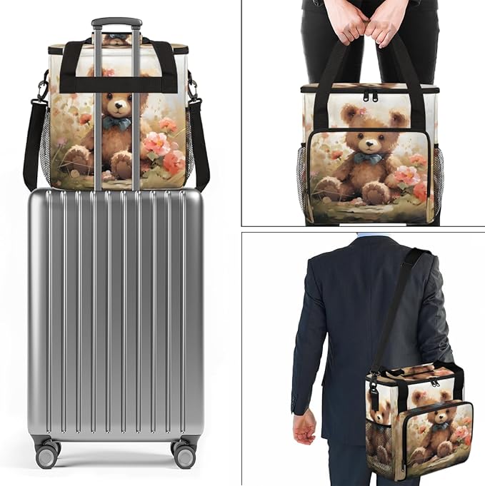 Floral Bear Coffee Maker Carrying Bag Portable Travel Storage Tote Bag Compatible with K-Mini or K-Mini Plus Single Serve Coffee Brewer Carrying Case with Multiple Pockets &amp Shoulder Strap
