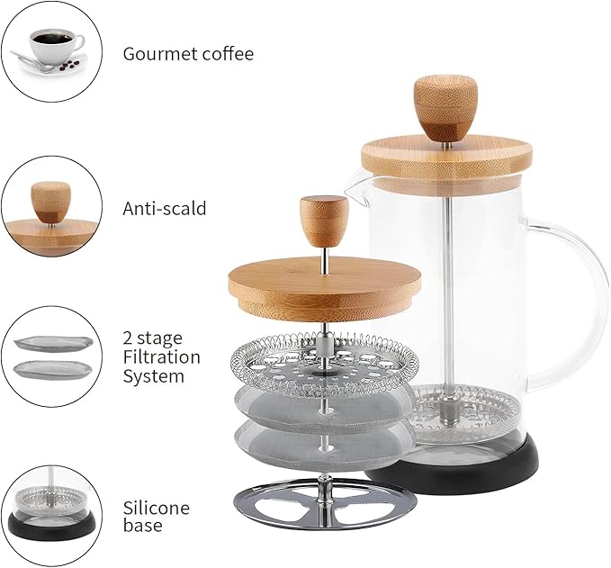 Topyond French Press Glass Coffee Maker Heat-Resistant Glass 20oz Bamboo Lid Coffee Press Tea Press for Loose Tea with Brewer Filtering Function for Home and Office (600ml