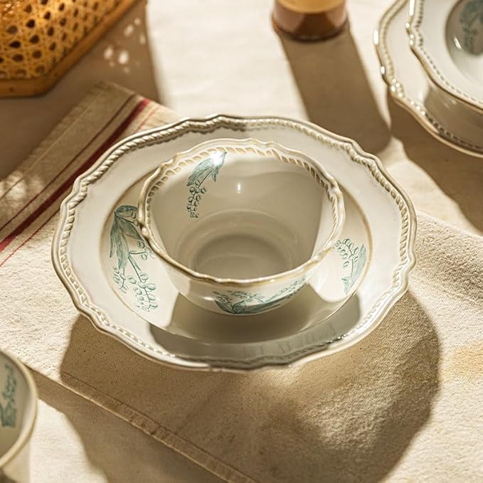 8-Piece Dinnerware Set - Lily Bloom Series Service for 4 Includes 6'' Bowls &amp 10'' Plates Retro Vintage Floral Style Microwave &amp Dishwasher Safe