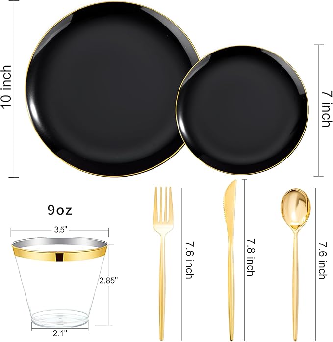 bUCLA 150PCS Black and Gold Plastic Plates - Black Gold Plastic Dinnerware Set Disposable - Include 25 Dinner / 25 Dessert Plates 25 Knives 25 Forks 25 Spoons 25 Cups Ideal for Party &amp Birthd