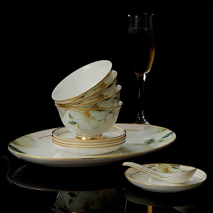 60 Pieces Dinnerware Set Porcelain Bone China Kitchen Dinner Set with Cereal Bowls Dessert Plates Soup Plates Fish Plate Dishes and Soup Pot Service for 10 People Dishwasher and Microwave Safe