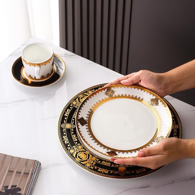 8 Piece Dinnerware Sets Bone China Dinner Plate Scratch Resistant Microwave Oven Dishwasher Safegold