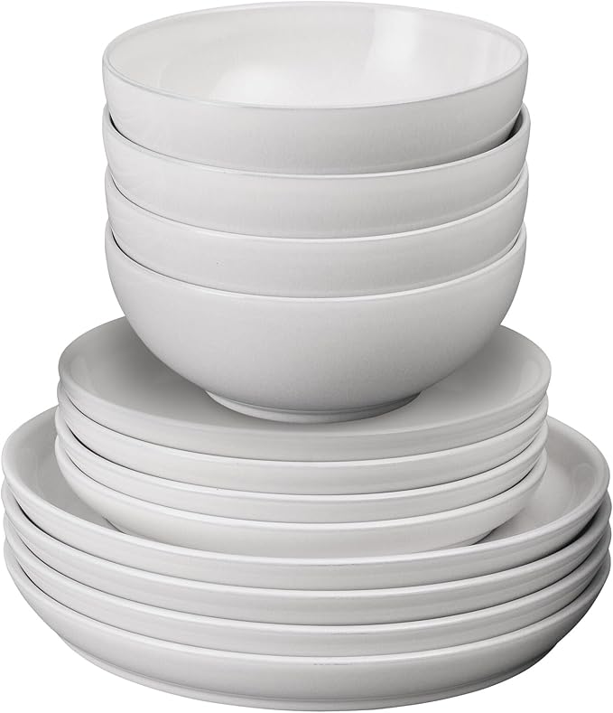 Denby - Elements Stone White Dinner Set For 4-12 Piece Ceramic Tableware Set - Dishwasher Microwave Safe Crockery Set - 4 x Dinner Plates 4 x Medium Plates 4 x Cereal Bowls