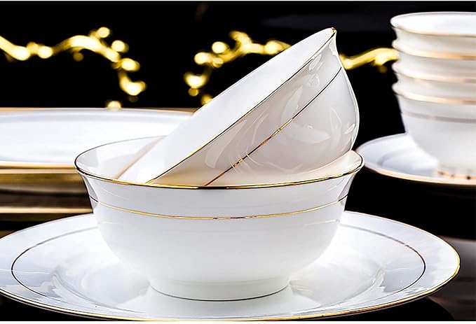 42 Pieces Dinner Set for 6 White Porcelain Bone China Kitchen Combi-Set Tableware Set with Cereal Bowl Bowls Dessert Plates Soup Plates Dinner Plates with Gold Rim