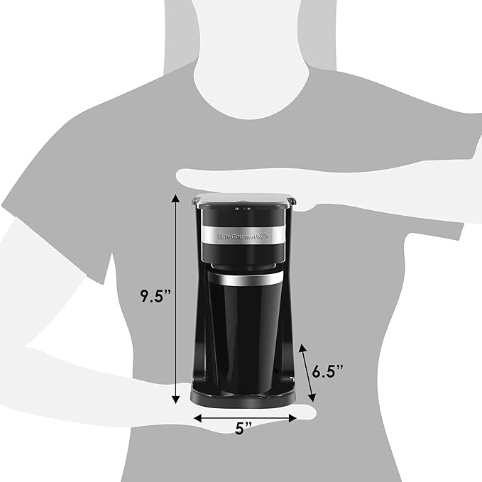 Elite Gourmet EHC113 Personal Single-Serve Compact Coffee Maker Brewer Includes 14Oz. Stainless Steel Interior Thermal Travel Mug Compatible with Coffee Grounds Reusable Filter Black