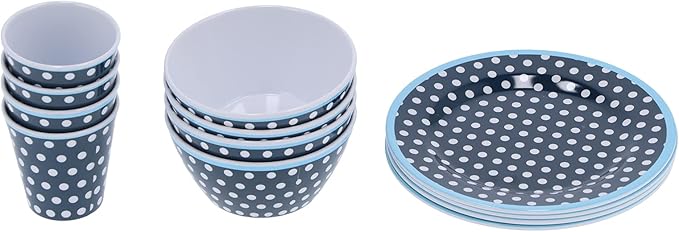 12Pcs Dark Blue Dot Melamine Dinnerware Set Durable Tableware with Cups Salad Bowls Plates for Home Restaurant Use Chip and Heat Tolerant Dishware