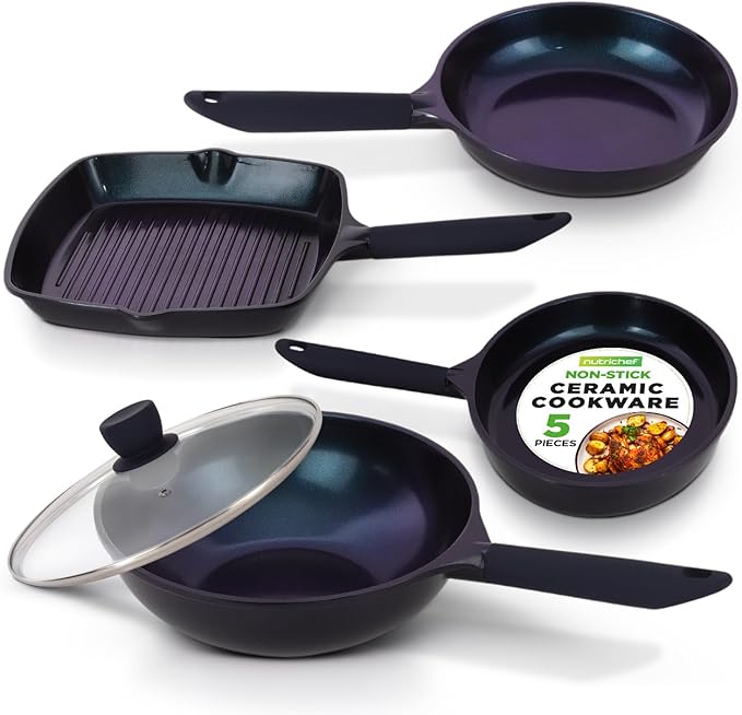 NutriChef NonStick Frying Pans – 5-Piece Skillet Set with Ceramic Coating Wok Grill Fry &amp Fish Pans – Compatible with All Cooktops Including Induction – Cool-Touch Handles Easy-Clean