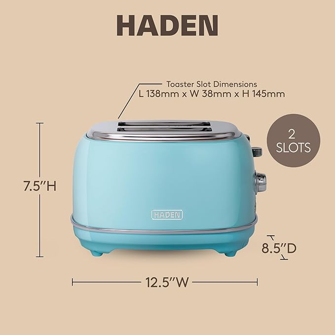 Haden Heritage 2 Slice Wide Slot Stainless Steel Toaster with Adjustable Browning Control &amp Non-Slip Feet Turquoise &amp Chrome
