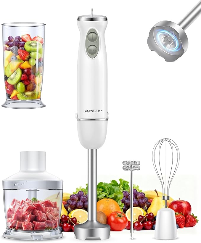 Immersion Blender Handheld 5 in 1 Hand Blender 1000W Hand Mixer Stick BPA-Free 12 Speed Handheld Blender with Mixing Beaker Chopper Whisk and Milk Frother for Soup Sauce Baby Food (White)