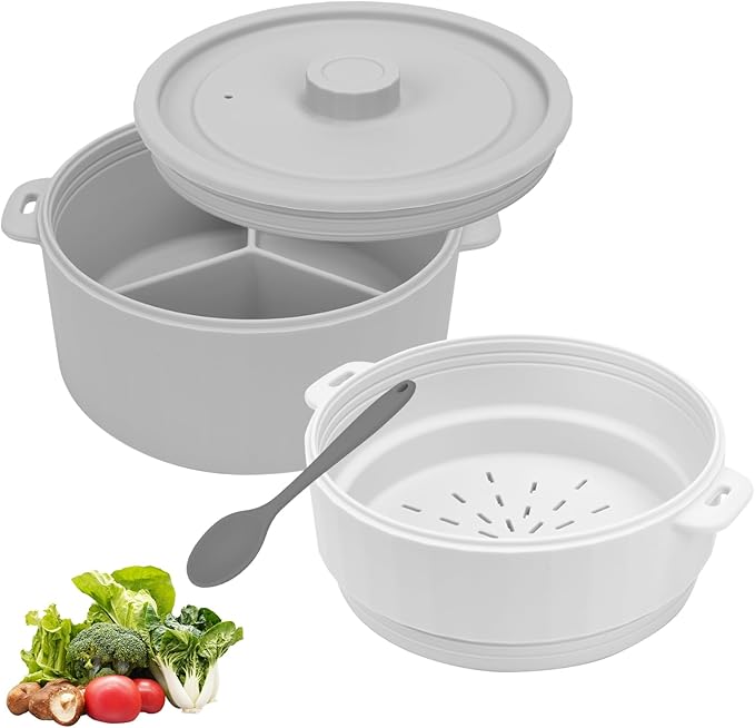 BestYiJo Microwave Rice Cooker 2-Layer Microwave Pasta Cooker and Steamer for Rice Vegetables Quinoa Oatmeal Ramen –Silicone Non-Stick(GREY)