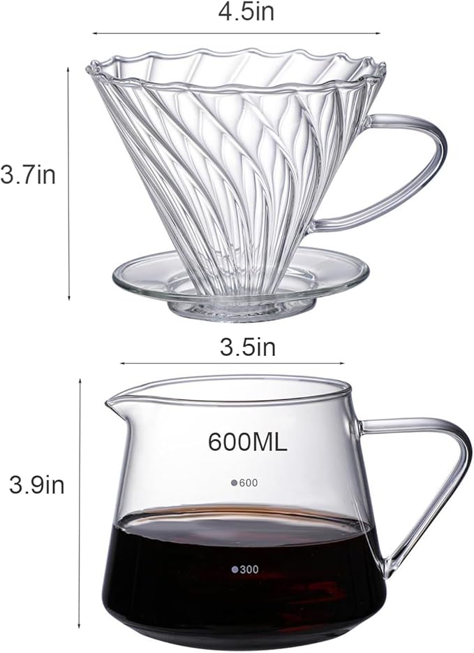 Pour Over Coffee Maker Set 600ML Glass Carafe Coffee Server with Dripper Set V60 Glass Coffee Filter for Home Office Gift 1-4 Cups (Clear)