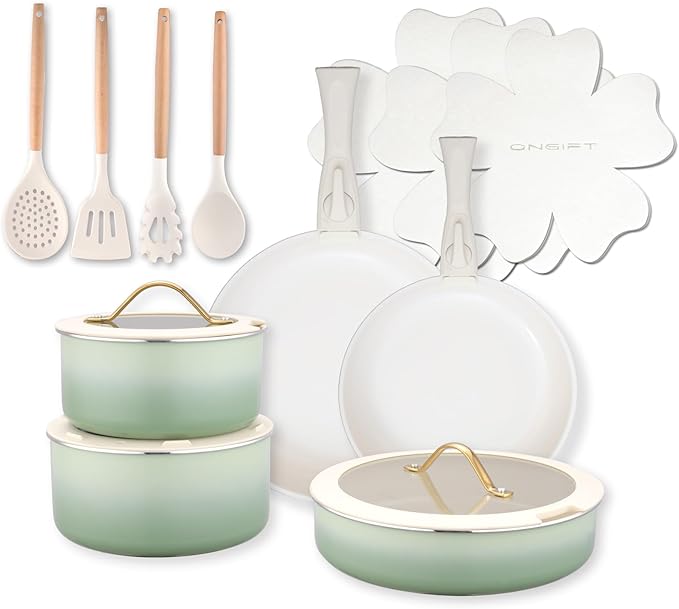 20pcs Ceramic Cookware Set Nonstick Detachable Handle Pots and Pans Set Non ToxicNo PFAS &amp PTFE &amp PFOA Dishwasher/Oven Safe RV Kitchen Set Removable Handle for Cooking Green