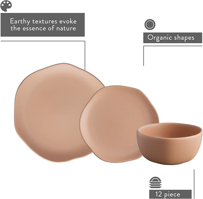 Corona Dinnerware Set 12–piece Plates and Bowls Set Ceramic Sets for 4 Microwave and Dishwasher Safe Areia Modern Organic Shape.