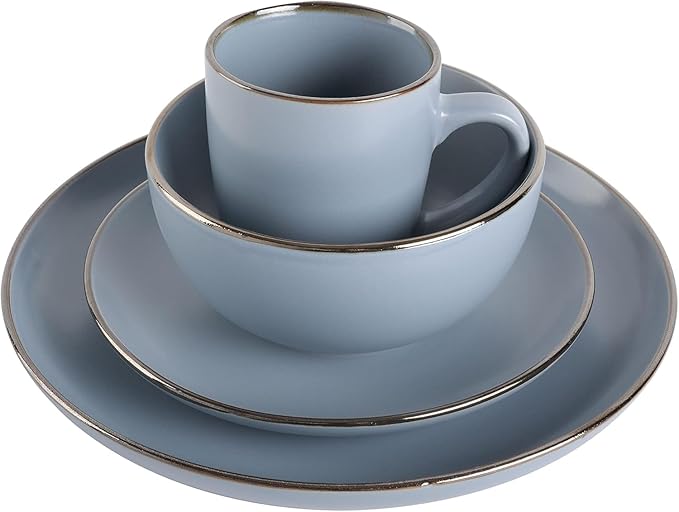 Rockaway 16 Piece Stoneware Dinnerware Set with Metallic Rim – Matte Blue Plates Bowls &amp Mugs Microwave &amp Dishwasher Safe