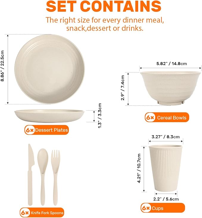 Wheat Straw Dinnerware Sets - SGAOFIEE 36 Piece Unbreakable Dinnerware Sets Reusable Wheat Straw Plates and Bowls Sets Travel Camping Cutlery Set Dishwasher Microwave Safe Dinnerware-Beige White