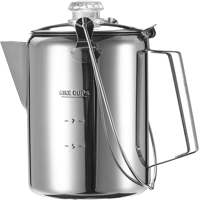 9 Cup Stainless Steel Percolator Large Capacity Coffee Pots Hinged Lid Coffee Maker for Camping and Home Kitchens Use
