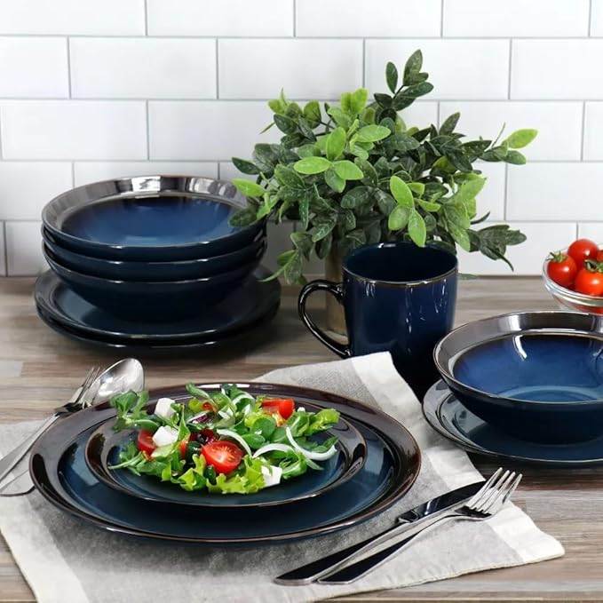 Priya 16 Piece Reactive Glaze Stoneware Dinnerware Set Service for 4 Plates and Bowls Microwave &amp Dishwasher Safe (Blue)