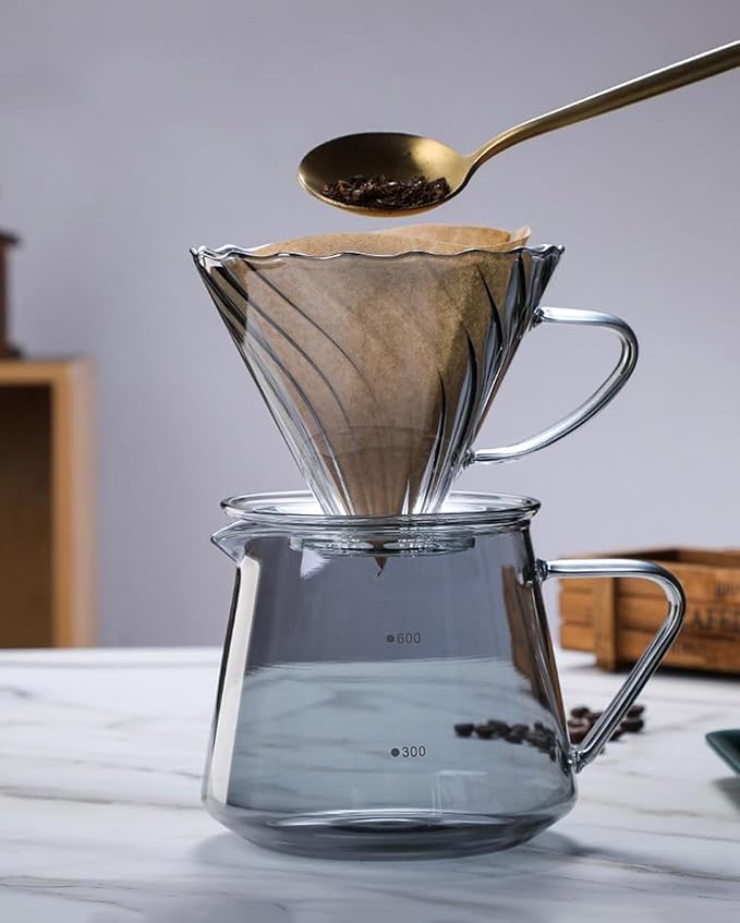 Pour Over Coffee Maker Set 600ML Glass Carafe Coffee Server with Dripper Set V60 Glass Coffee Filter for Home Office Gift 1-4 Cups (Grey)