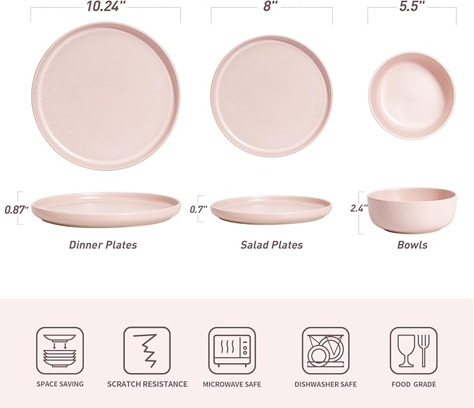 Famiware Milkyway Plates and Bowls Set 12 Pieces Dinnerware Sets and 4 Pieces Pasta Bowls Double Reactive Glaze Sturdy &amp Stackable Stoneware Dishes Set for 4 Light Pink