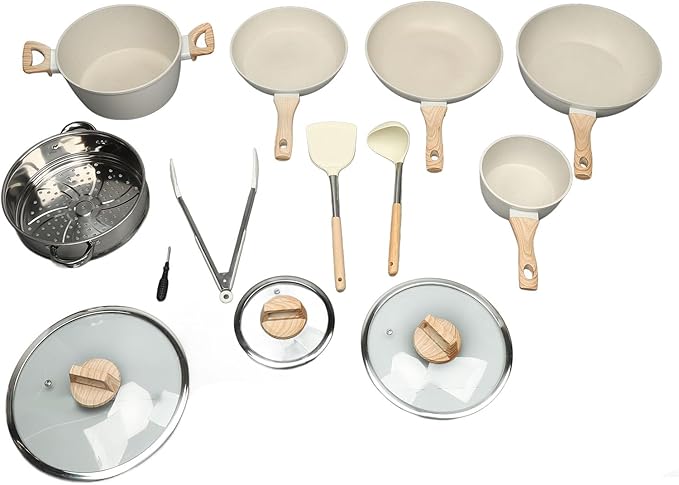 Diydeg Kitchen Cookware Set Includes 5pcs White Pots and Pans Tong Spatula Ladle Non Stick Baking Pan Frying Pans Saucepan Grill Pan Induction Kitchen Cooking Set Dishwasher