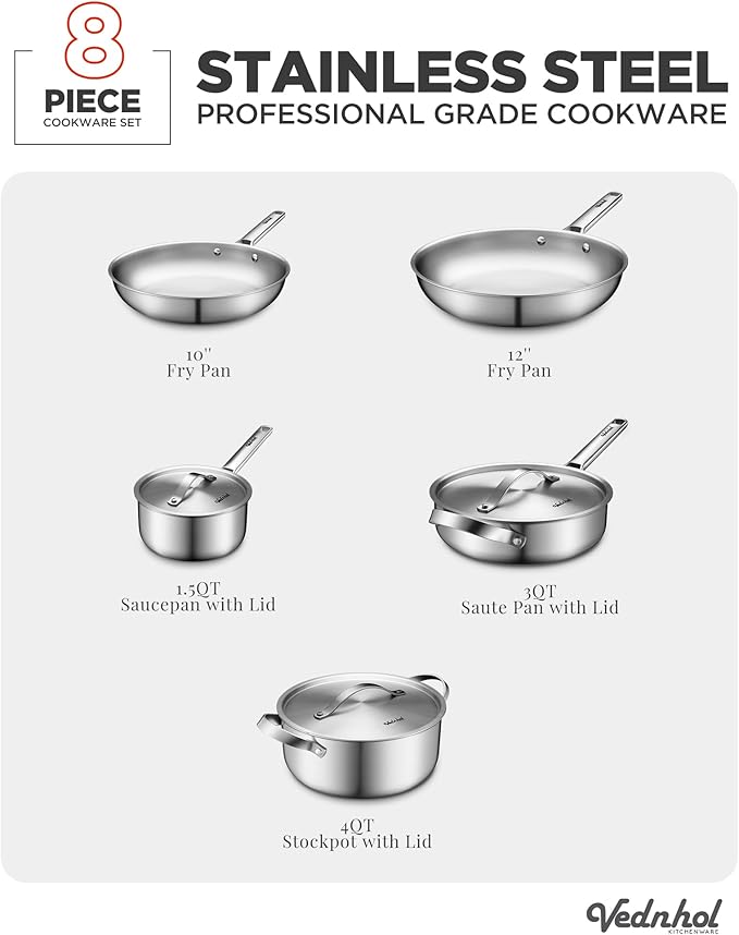 Stainless Steel Cookware Set 8 Pcs Tir-Ply Pots and Pans Set PFOA&ampPTFE Free Dishwasher&ampOven Safe Kitchen Induction Compatible ollas de acero inoxidable para cocinar