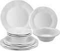UPware 12 Piece Pebble Melamine Dinnerware Sets Outdoor Dishes Set Plates and Bowls Sets Service for 4 White
