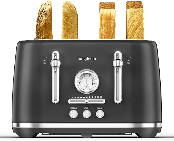 LONGDEEM Retro 4 Slice Countertop Toaster 1.6” Extra Wide Slots for Artisan Bread/Bagels 6 Browning Settings Defrost/Cancel High Lift Lever Crumb Tray Stainless Steel Home/Office/Dorm