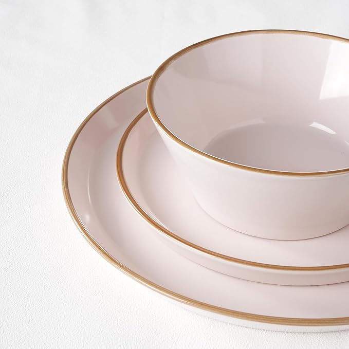 Famiware Saturn Dinnerware Sets Plates and Bowls Sets for 4 12 Pieces Stoneware Dish Set - Chip and Scratch Resistant Microwave and Dishwasher Safe Tableware Set Light Pink with Rim