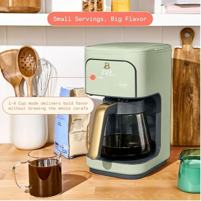 B - 12-Cup Programmable Coffee Maker with Touch Controls Auto Brew Timer Reusable Filter Large Glass Carafe Countertop Coffee Machine (Sage Green)