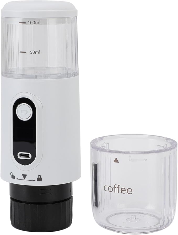 Portable Coffee Maker Self Heating Type C Rechargeable Handheld Capsule Coffee Maker Machine Ground Coffee Capsules 100ml Stable Pressure 2500mAh Battery (White)